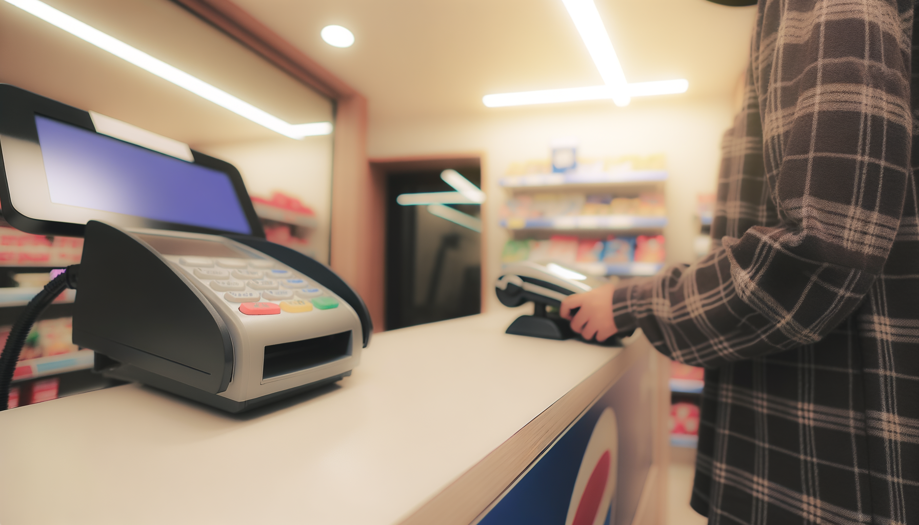 Person paying at a convenience store checkout counter with a payment terminal visible