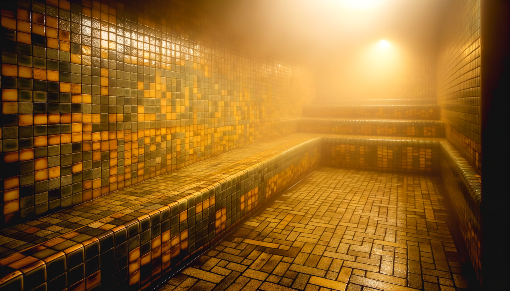 Steamy Korean bathhouse interior with warm amber light and tiled walls