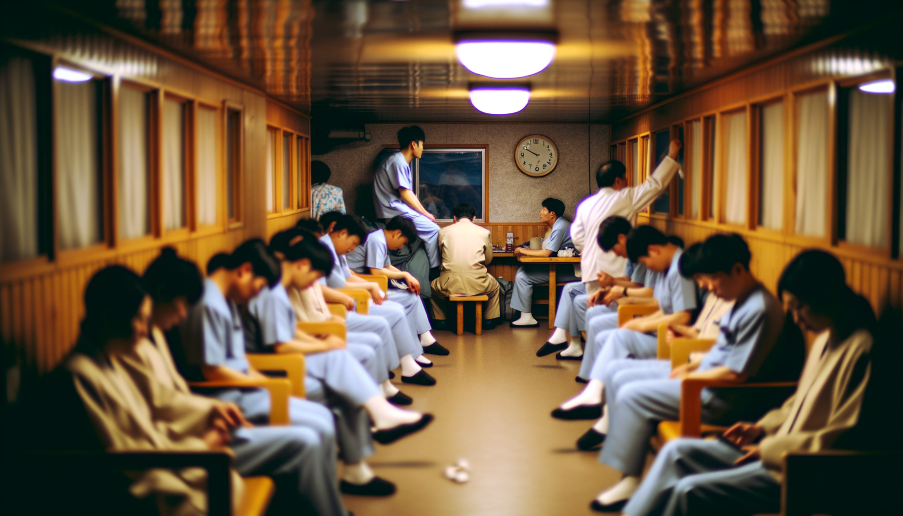 Cozy jjimjilbang common area with guests in uniforms resting on a warm heated floor