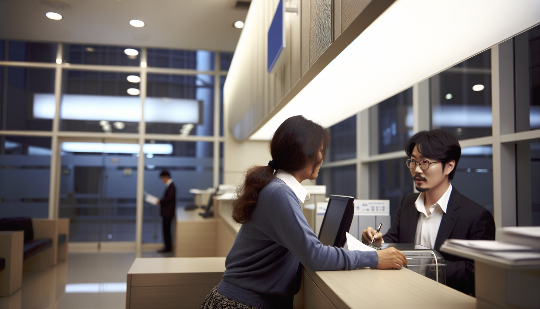 Person at a Korean bank counter, filling in paperwork with staff