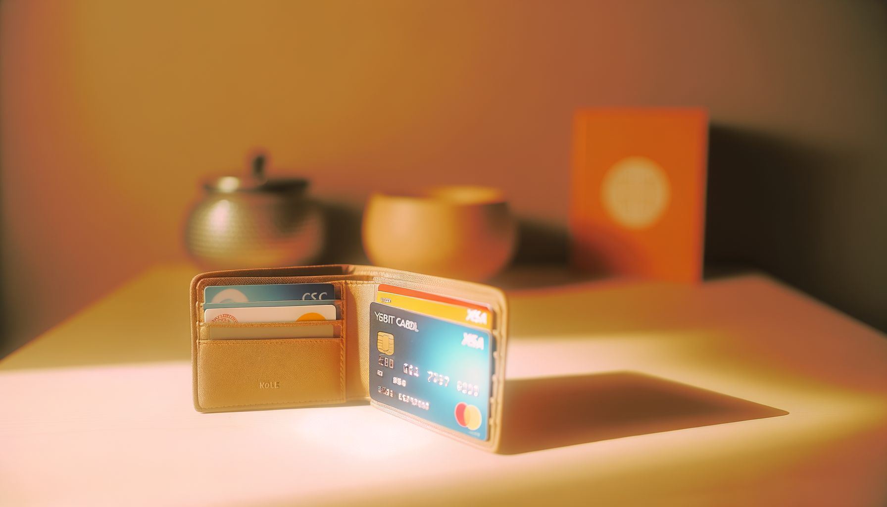 Open wallet showing cards against a warm Korean lifestyle background