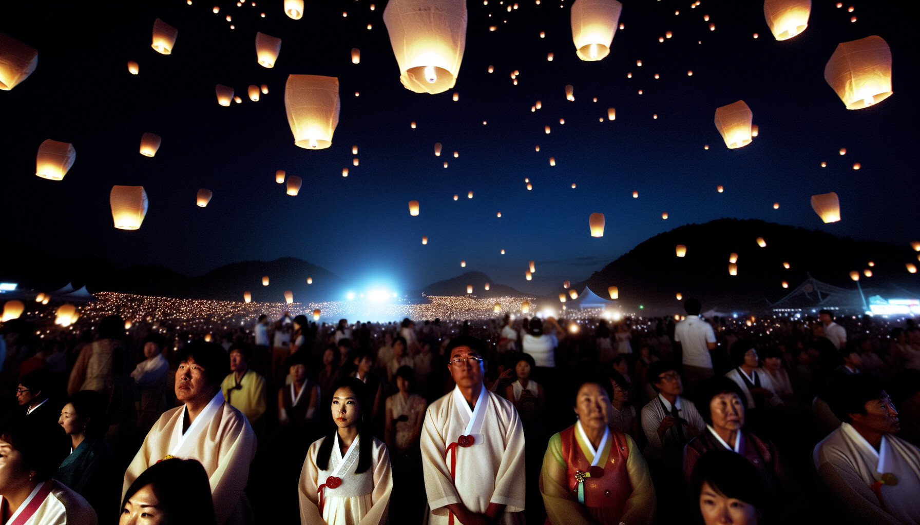 Paper lanterns rising into a Korean night sky above a festival crowd, warm glowing light, cinematic atmosphere