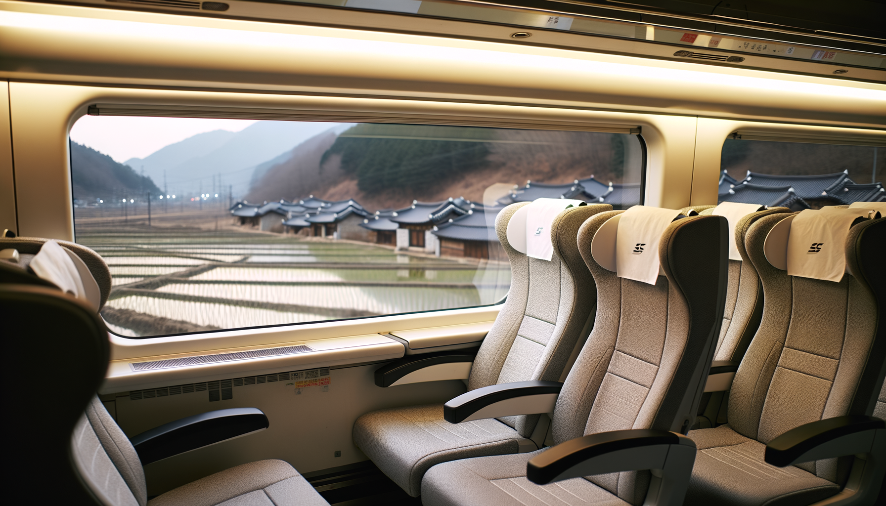 Comfortable seats and green countryside rolling past the windows of a Korean high-speed train