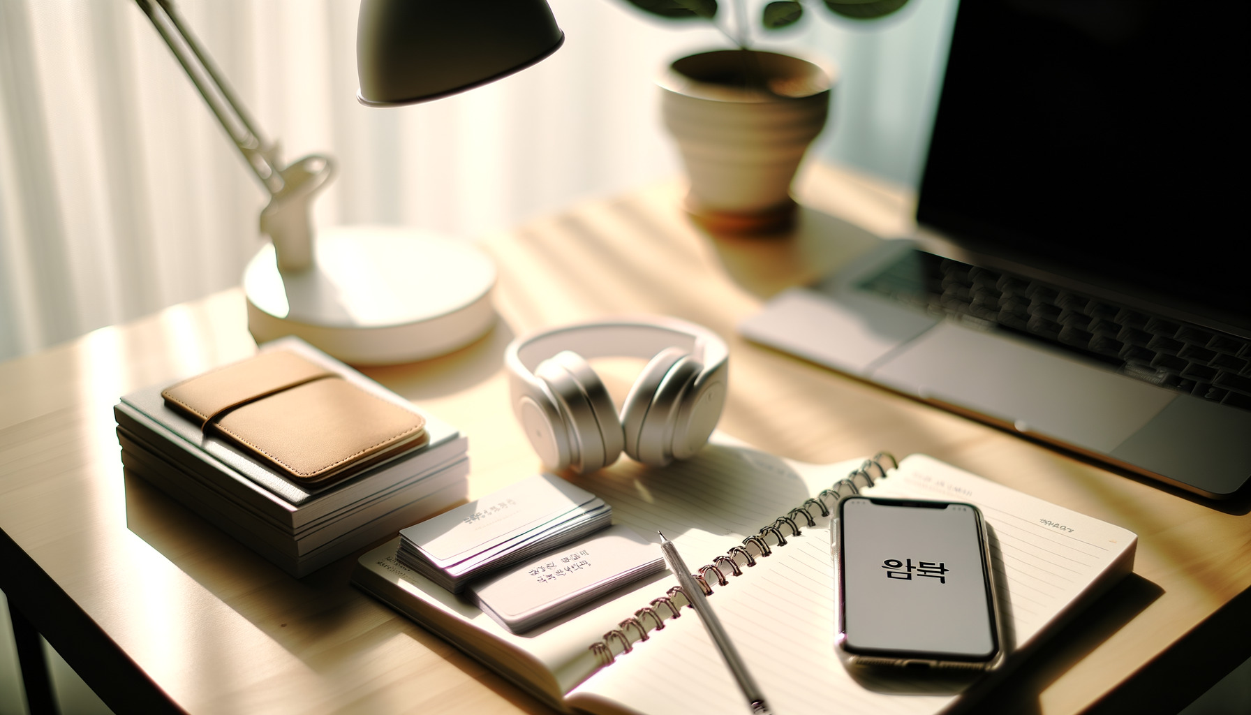A tidy study desk with Korean flashcards, headphones, and a phone open to a language app