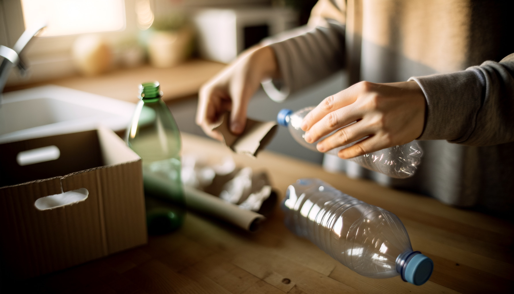 Sorting recyclables on a kitchen counter — plastic bottles, cardboard, natural light