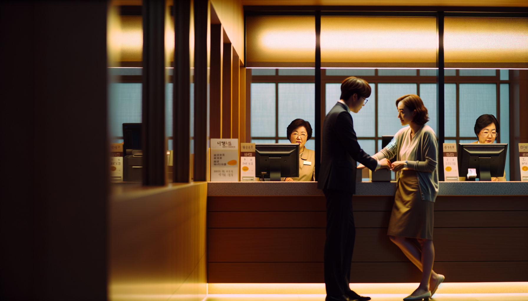 A customer at a Korean bank teller window completing an overseas wire transfer, warm professional interior