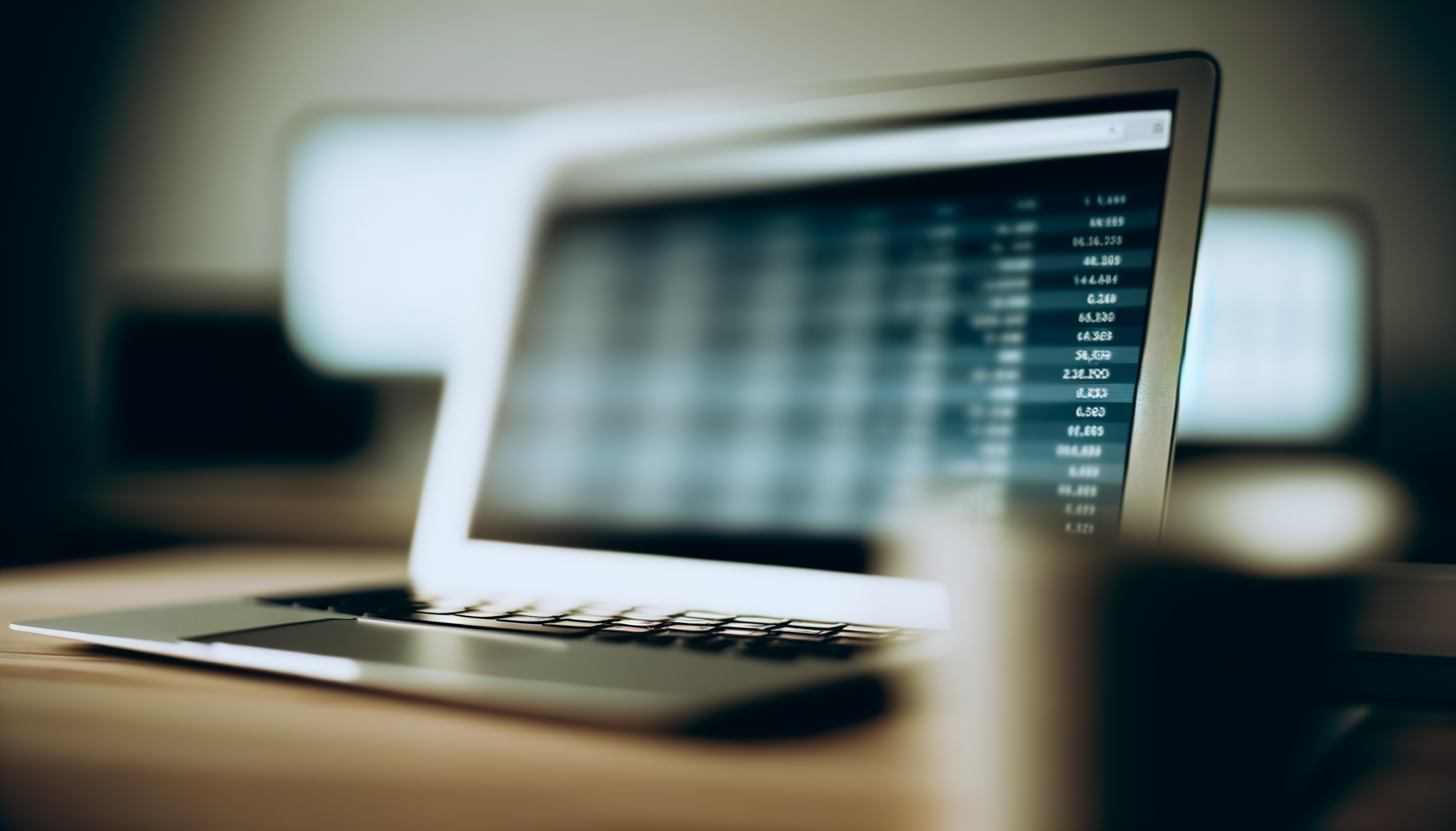 A laptop with blurred financial data on screen, coffee cup beside it on a wooden desk — the quiet ritual of reviewing your numbers